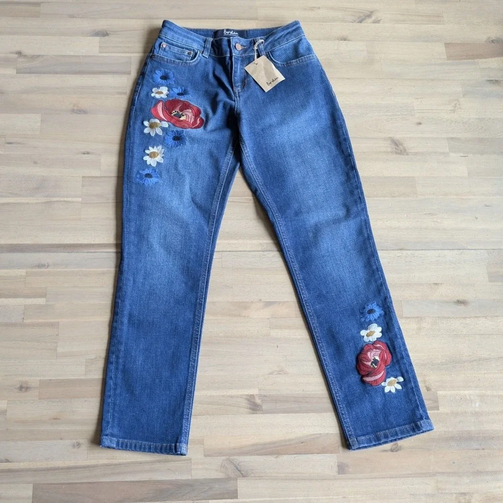 Boden The Cavendish Girlfriend Denim Jeans / Floral Embroidery NWOT Size 2 P‎